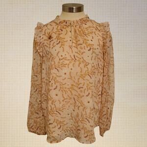 Boho 2000s Loft XS Sheer Sleeve Floral Polka Dot Peach Blouse Ruffle Neckline Pe